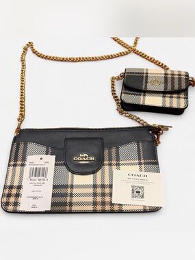 NWT Coach Plaid Crossbody & Mini Pouch in Black and Beige with Gold Chain